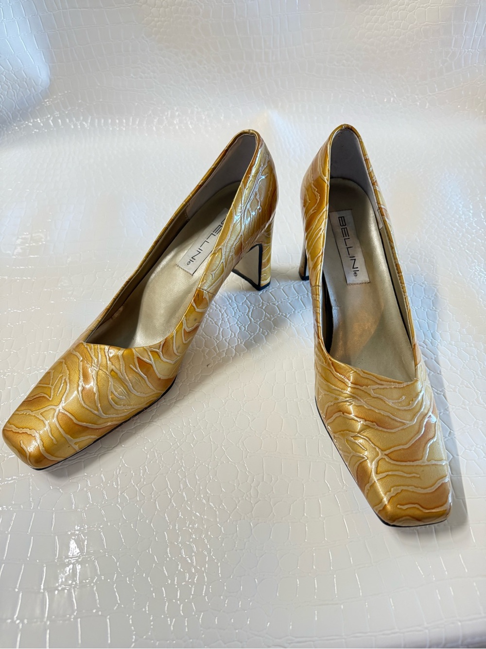 Bellini Gold Patterned Block Heel Pumps